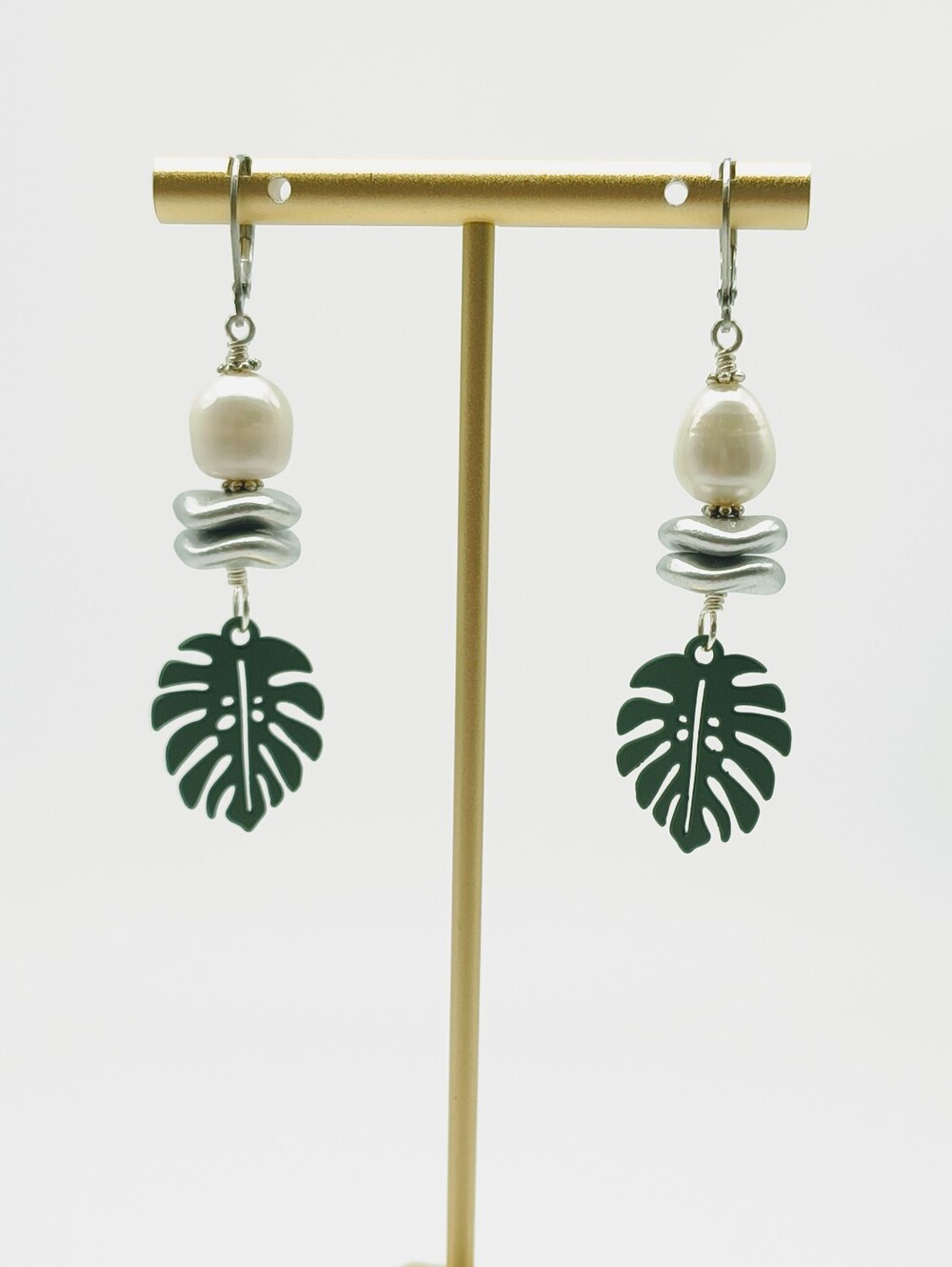 Freshwater Pearl Monstera Leaf Dangle Earrings